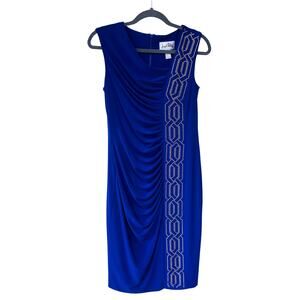 Joseph Ribkoff Blue Ruched Sheath Dress 10 Cowl Neck Embellished Party Cocktail